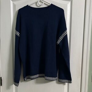 Women's Navy Crewneck Sweater with Contrast Stripe Trim